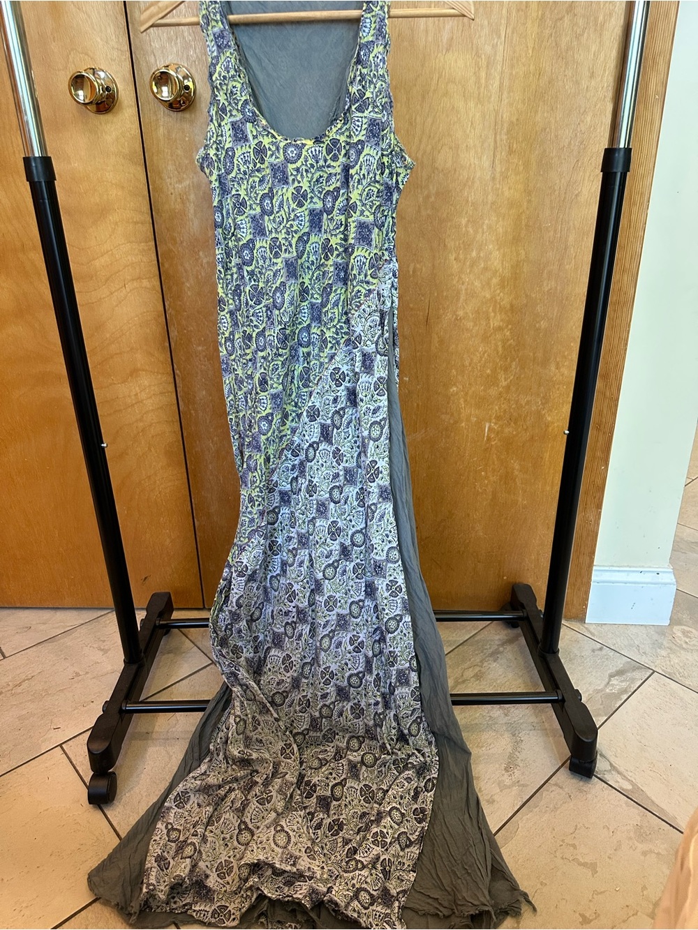Banjanan Sleeveless Maxi Dress in Gray and Lime Pattern